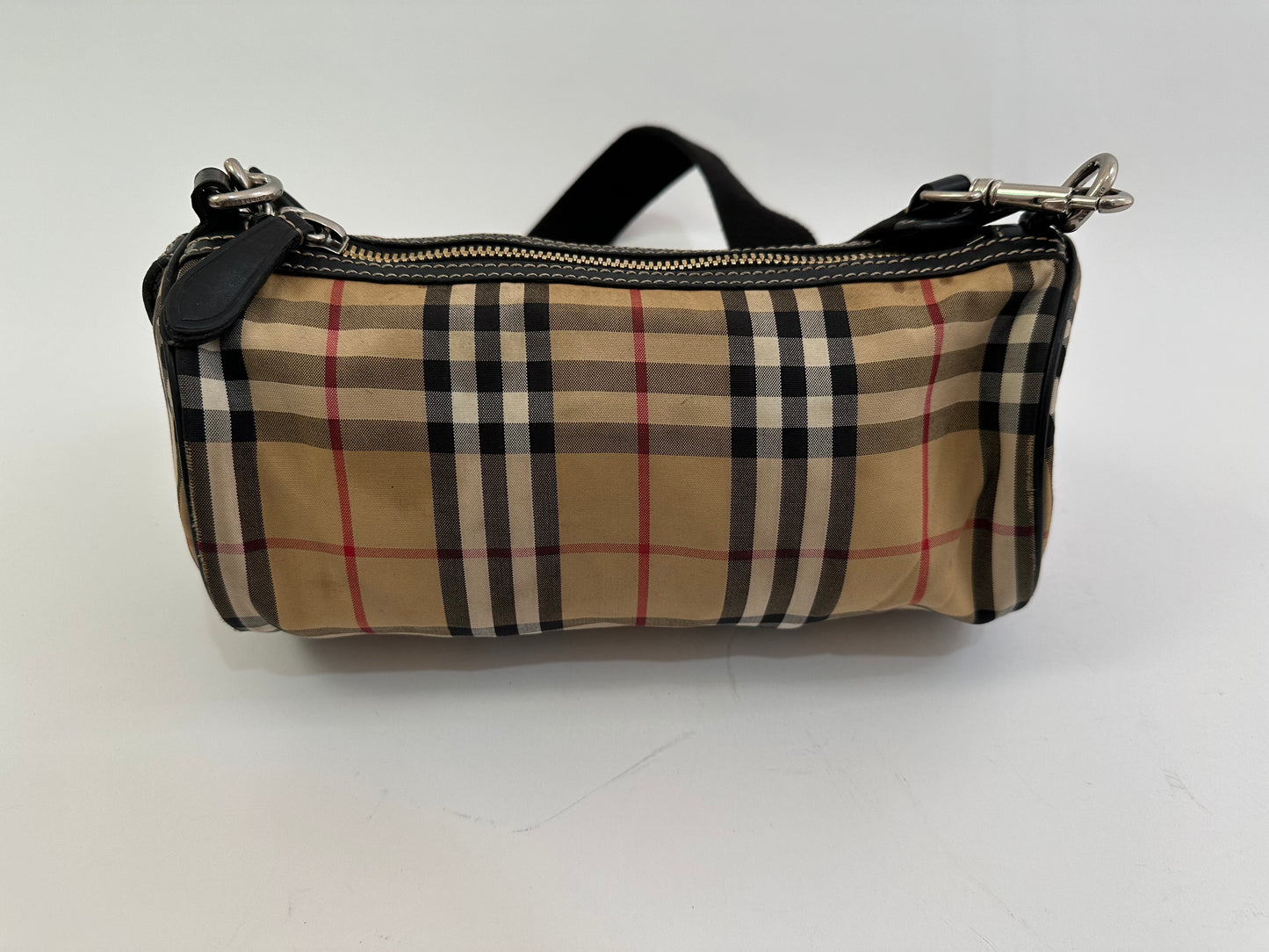 BURBERRY Black/Beige House Check Canvas and Leather Small Kennedy Barrel