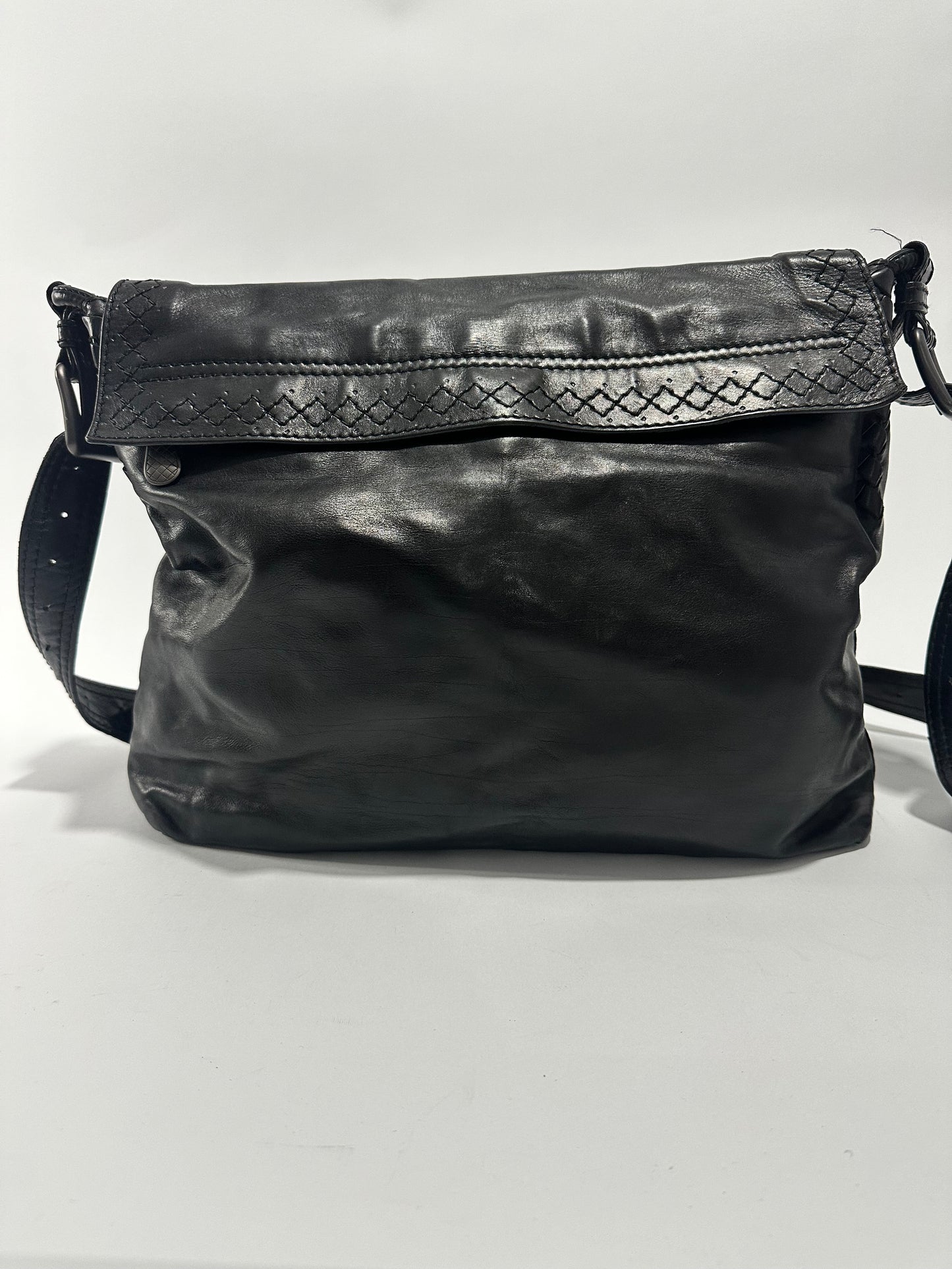 Bottega Veneta Black Leather Square Flap Messenger Bag