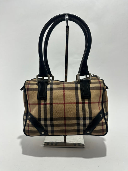 BURBERRY
Beige Nova Check Coated Canvas Small Top Handle Bowling Bag