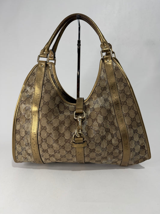 Gucci Gold/Beige GG Crystal Canvas and Leather Medium Joy Shoulder Bag