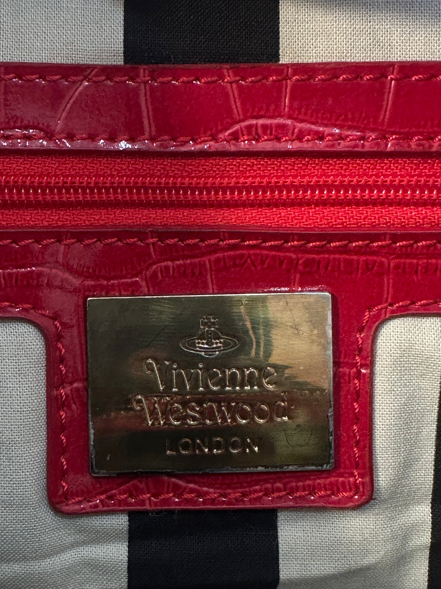 Vivienne Westwood Red Croc-Embossed Bowler Bag w/ Oversized Gold Glitter Orb Logo