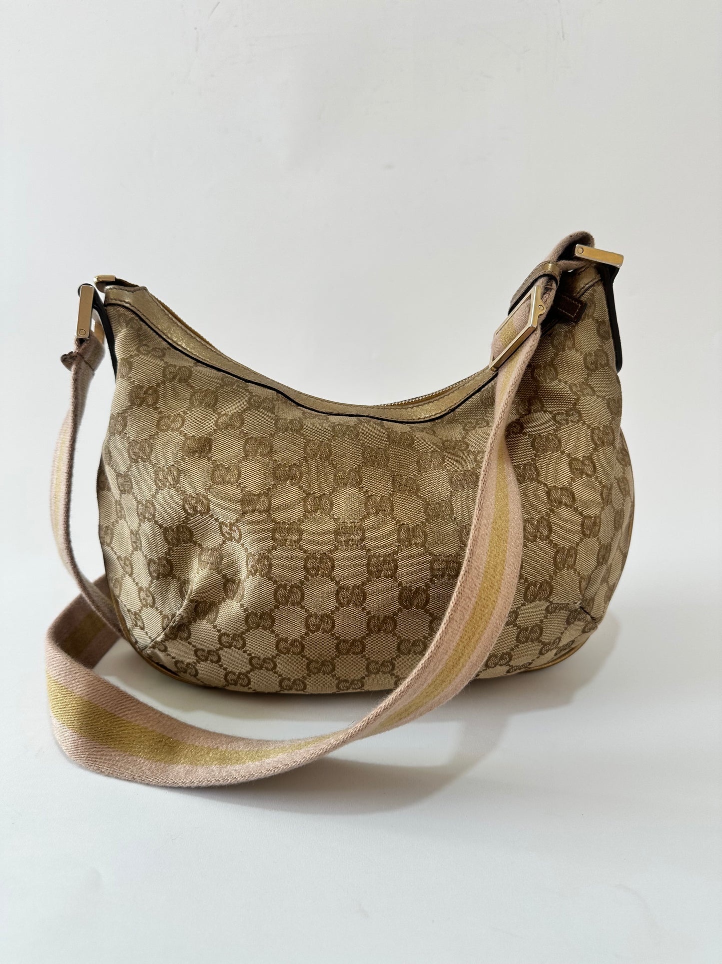 GUCCI GG Canvas Medium Sherry Half Moon Crossbody Bag Gold