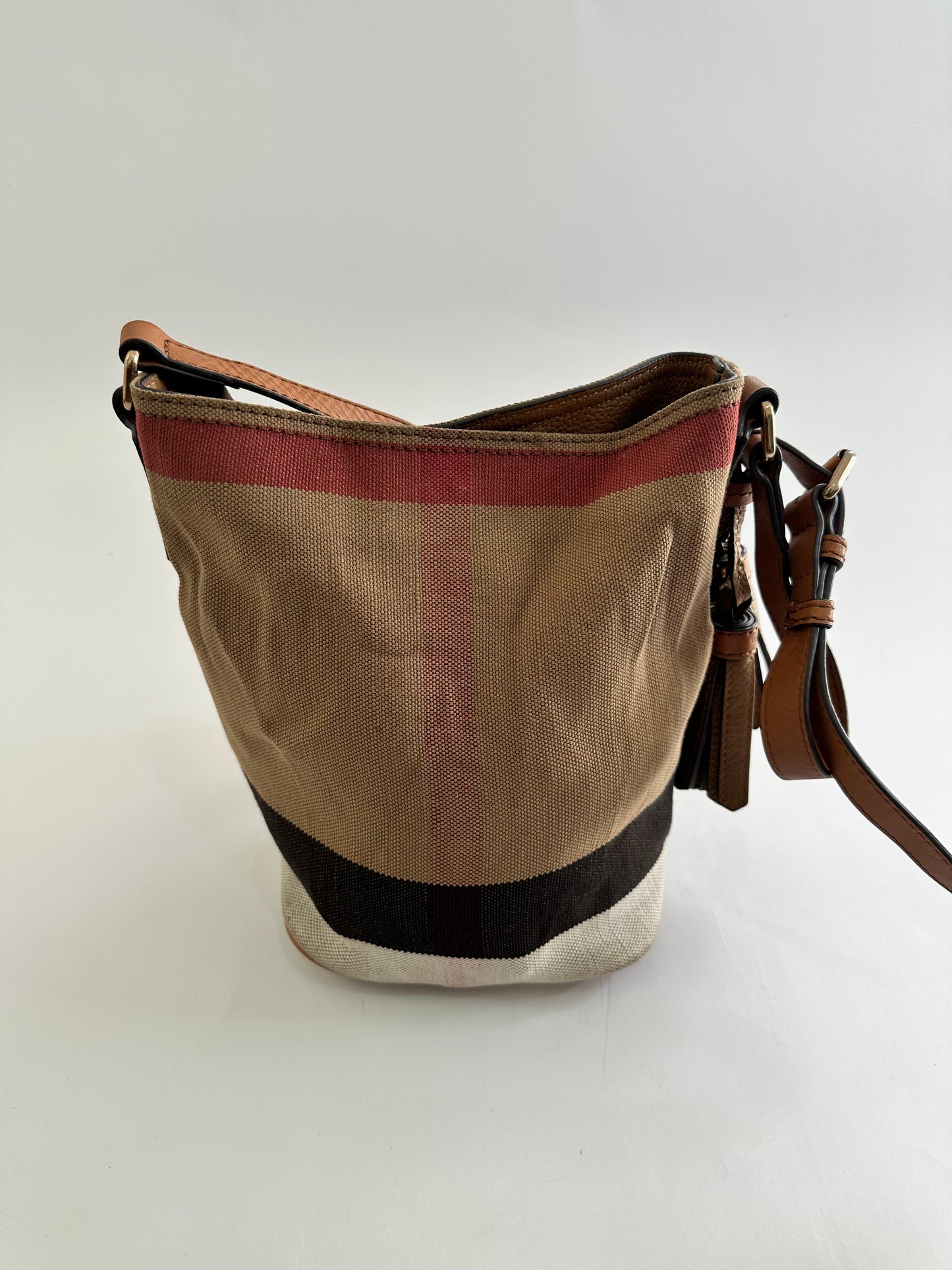 BURBERRY Canvas Mega Check Mini Ashby Tassel Crossbody Brown