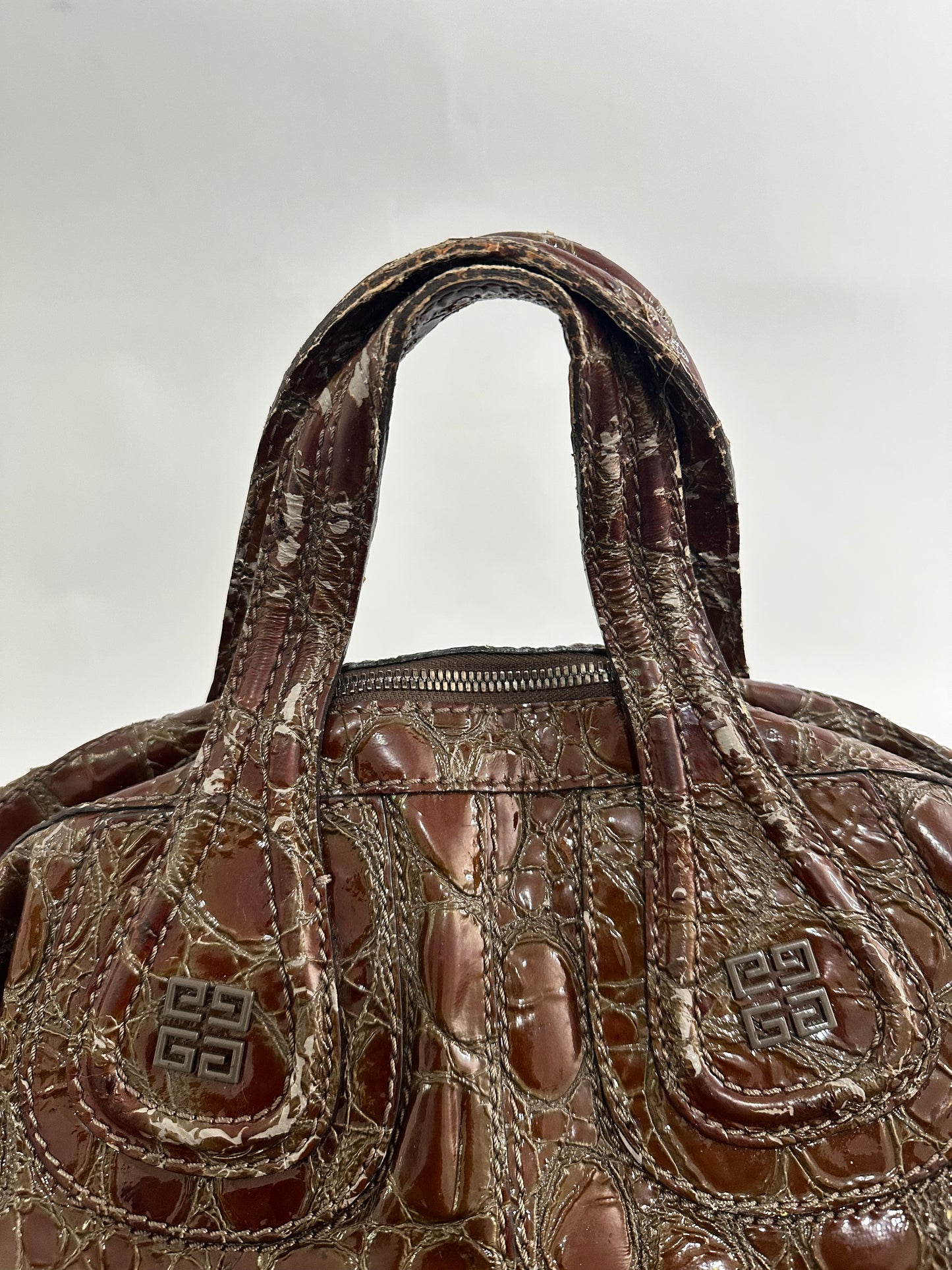GIVENCHY
Brown Croc-Embossed Patent Leather Medium Nightingale Bag