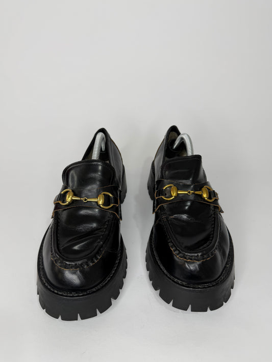 GUCCI
Cordovan Lux Womens Harald Horsebit 25mm Platform Loafers Black