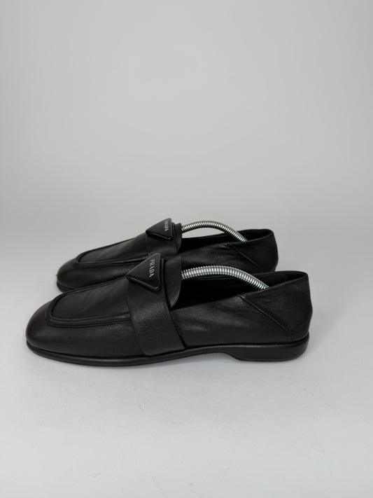 Prada Black Leather Triangle Logo Strap Loafers Made in Italy EU 37/ 7 US