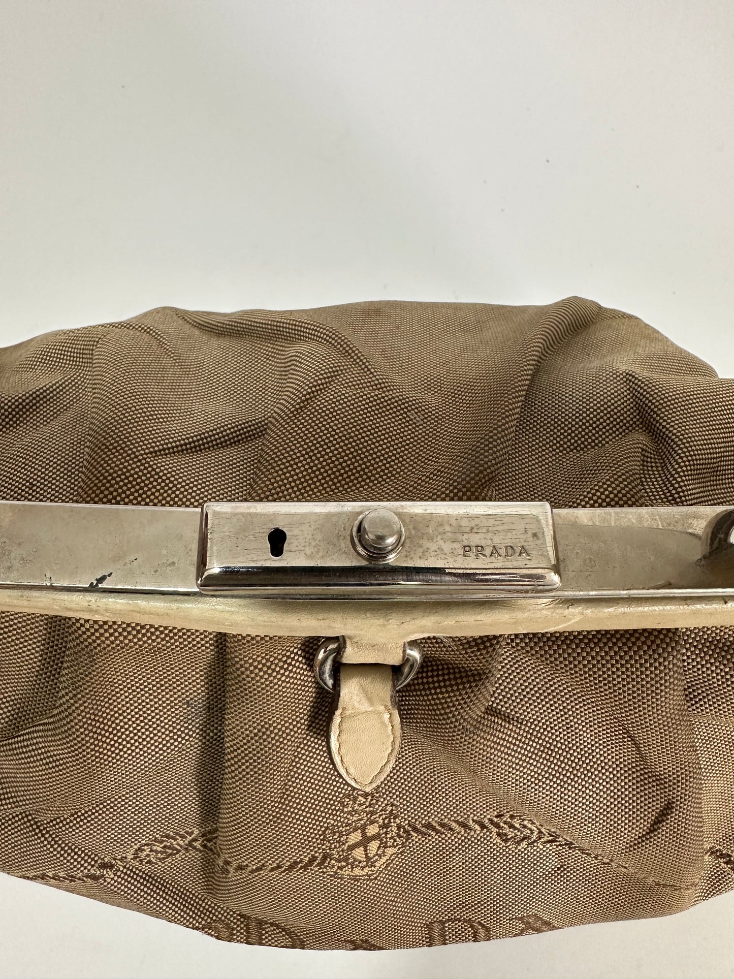 Prada Creame Canapa Logo Frame Handbag Beige