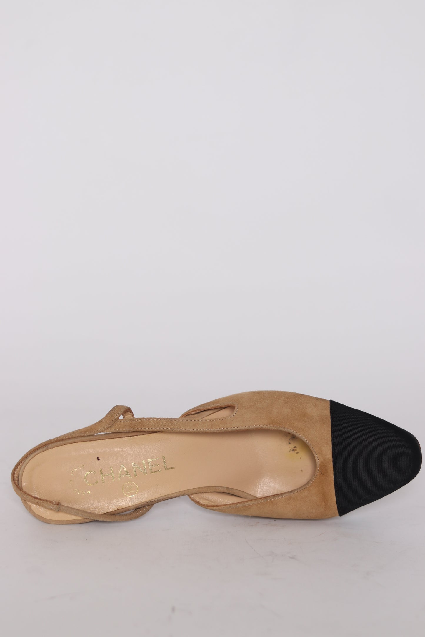 Chanel Beige/Black Suede And Fabric Cap Toe Slingback Sandals Size 39 EU/ 9 US