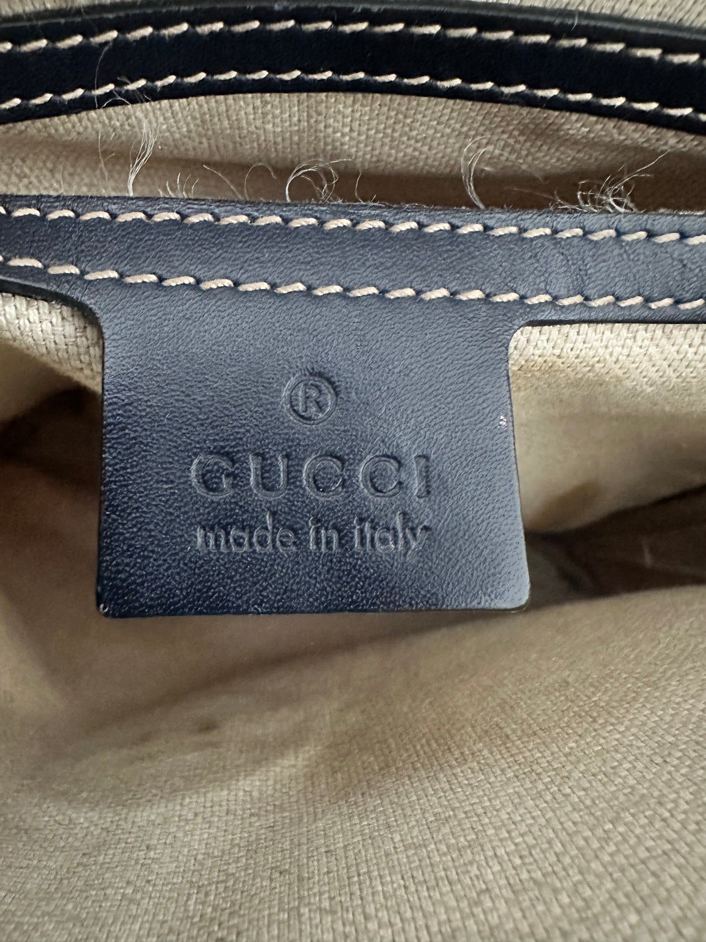 GUCCI
GG Plus Monogram Sellieria Calfskin Small Flap Messenger Bag Beige Blue