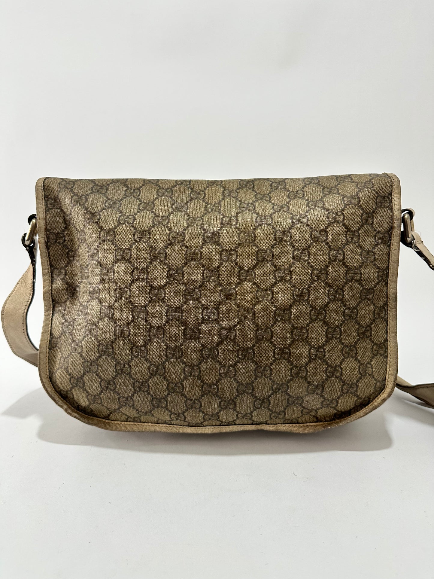 GUCCI
GG Plus Monogram Medium Double Buckle Flap Messenger Bag Beige Ivory