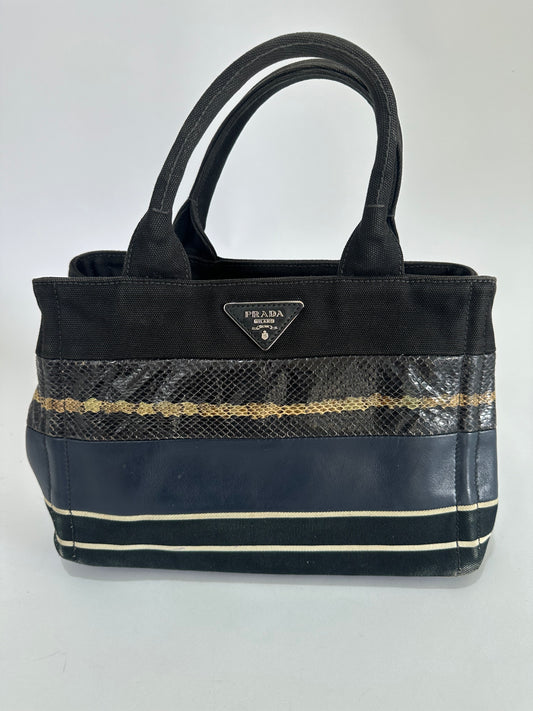 PRADA Multicolor Striped Canvas Leather and Python Tote