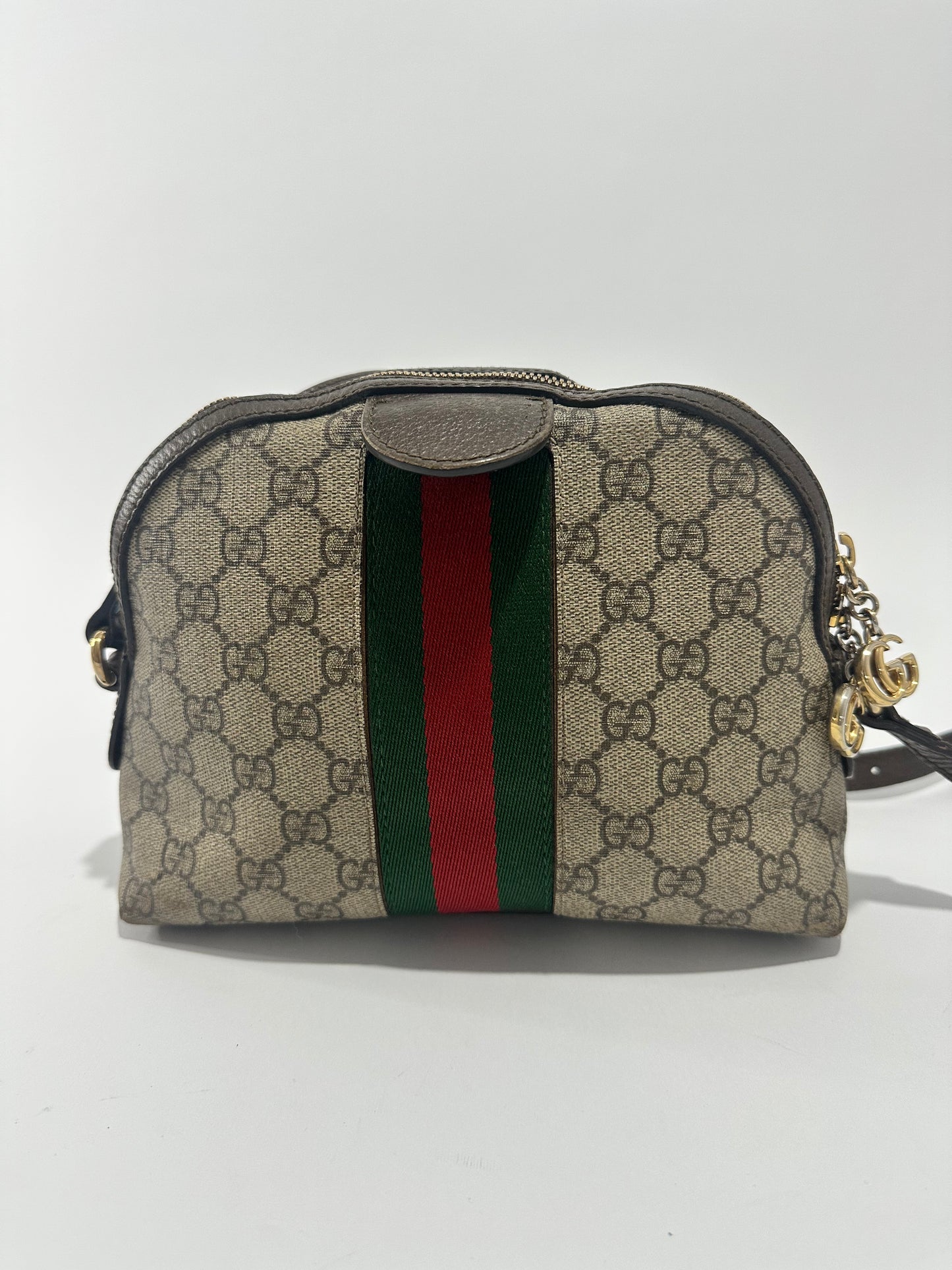 GUCCI
GG Supreme Monogram Textured Dollar Calfskin Web Small Ophidia Dome Shoulder Bag Beige Ebony
