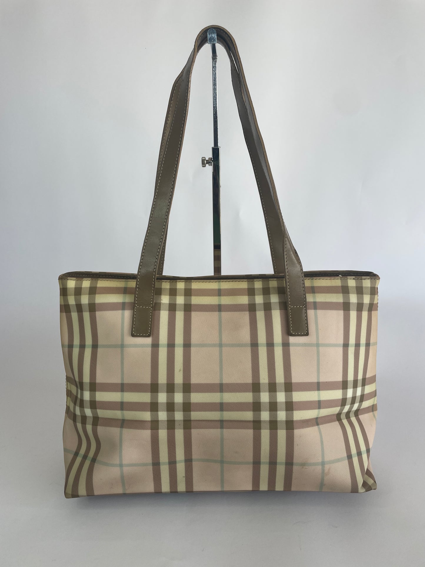Burberry Pink/Green Haymarket Check Coated Canvas And Leather Tote