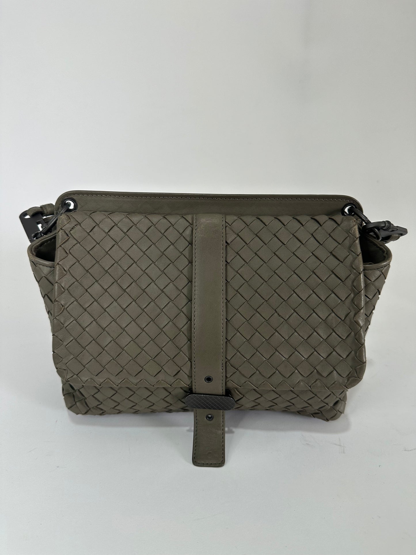 BOTTEGA VENETA Grey Leather Intrecciato Double Sided Flap Shoulder Bag