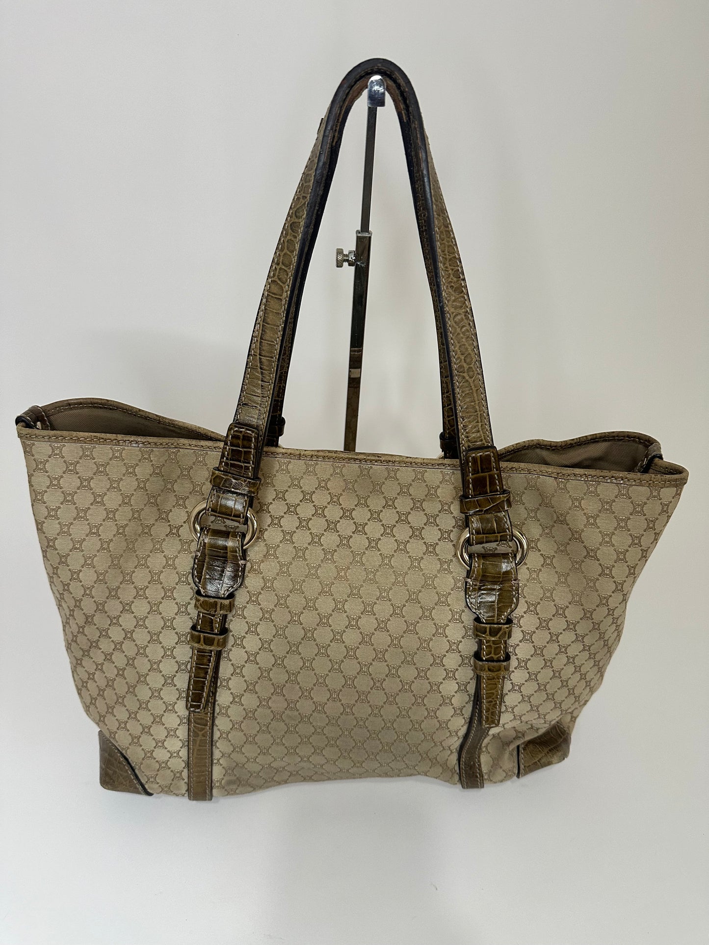 CELINE Beige/Brown Macadam Canvas And Croc Embossed Tote