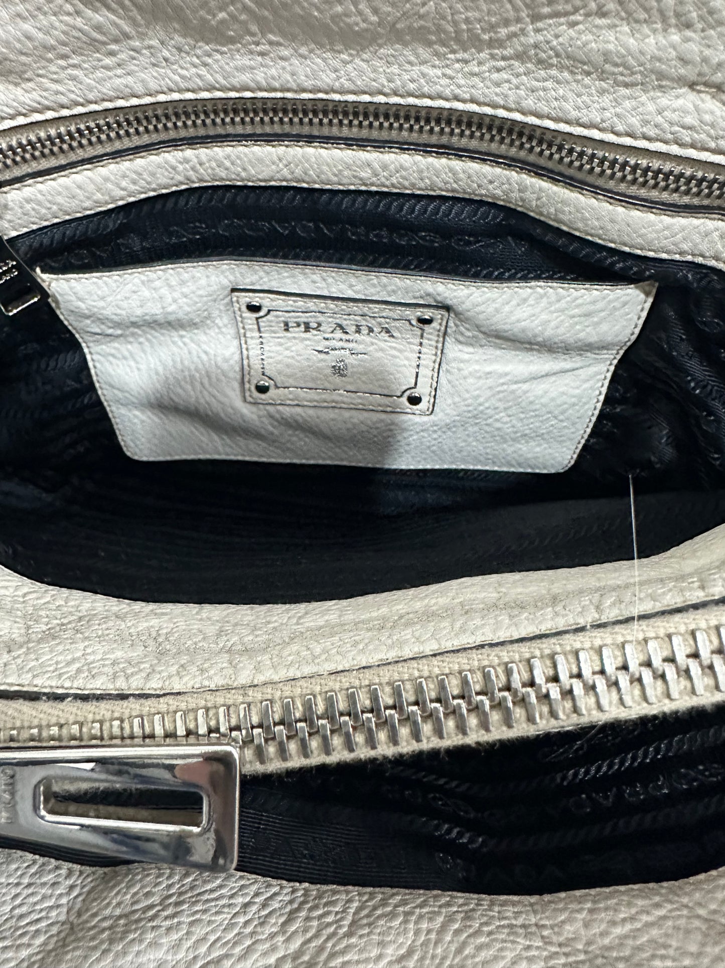 PRADA Womens Vitello Daino Large Double Zip Tote in Talco.