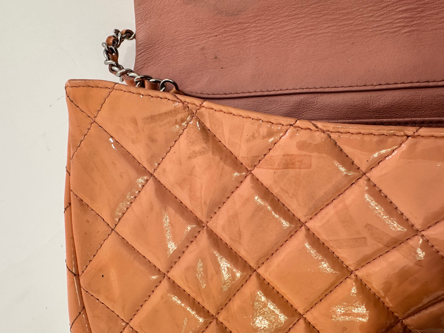 Chanel Beige Quilted Patent Leather Classic Flap Shoulder Bag