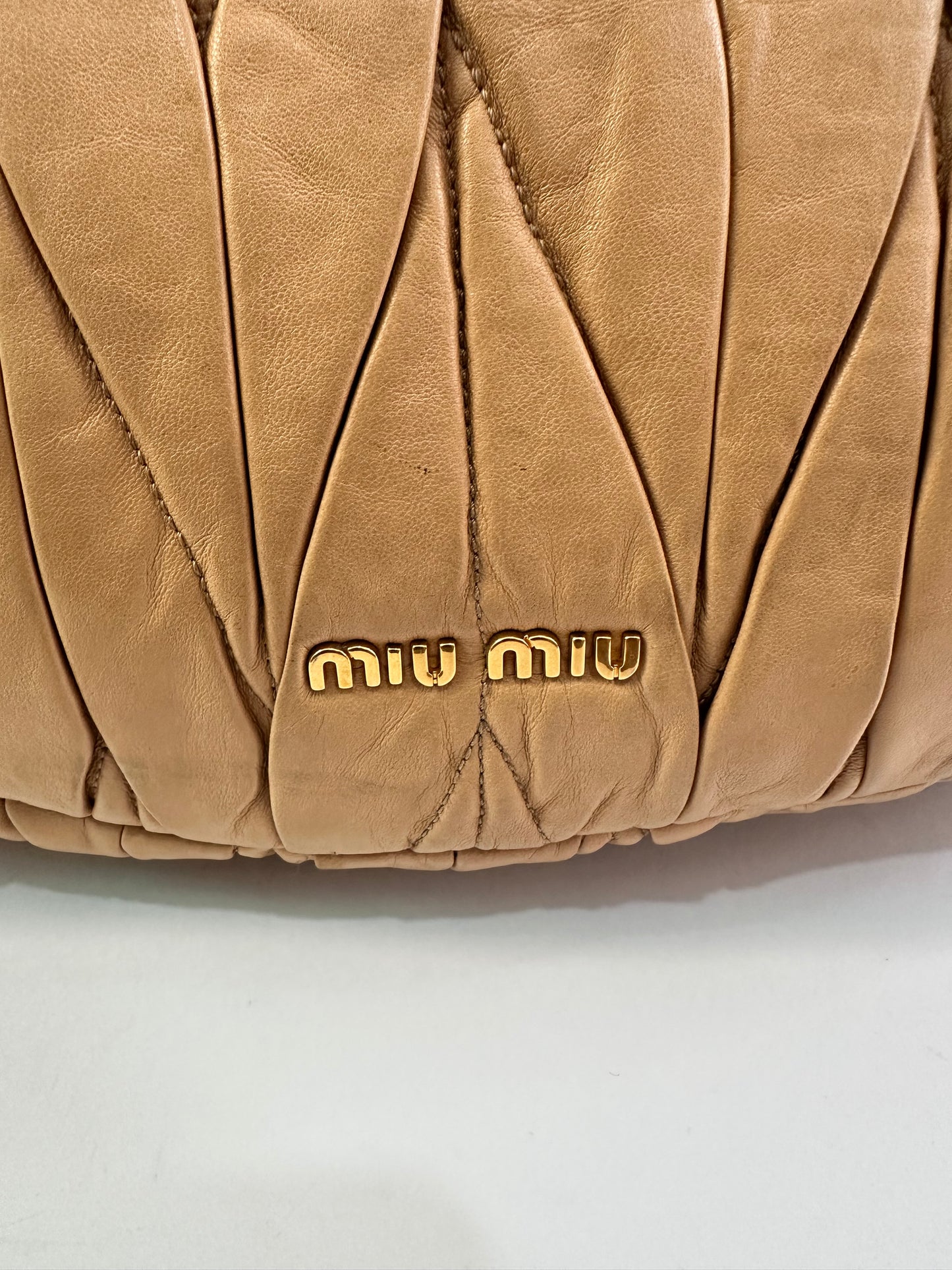 Miu Miu Beige Matelasse Leather Turnlock Top Handle Bag