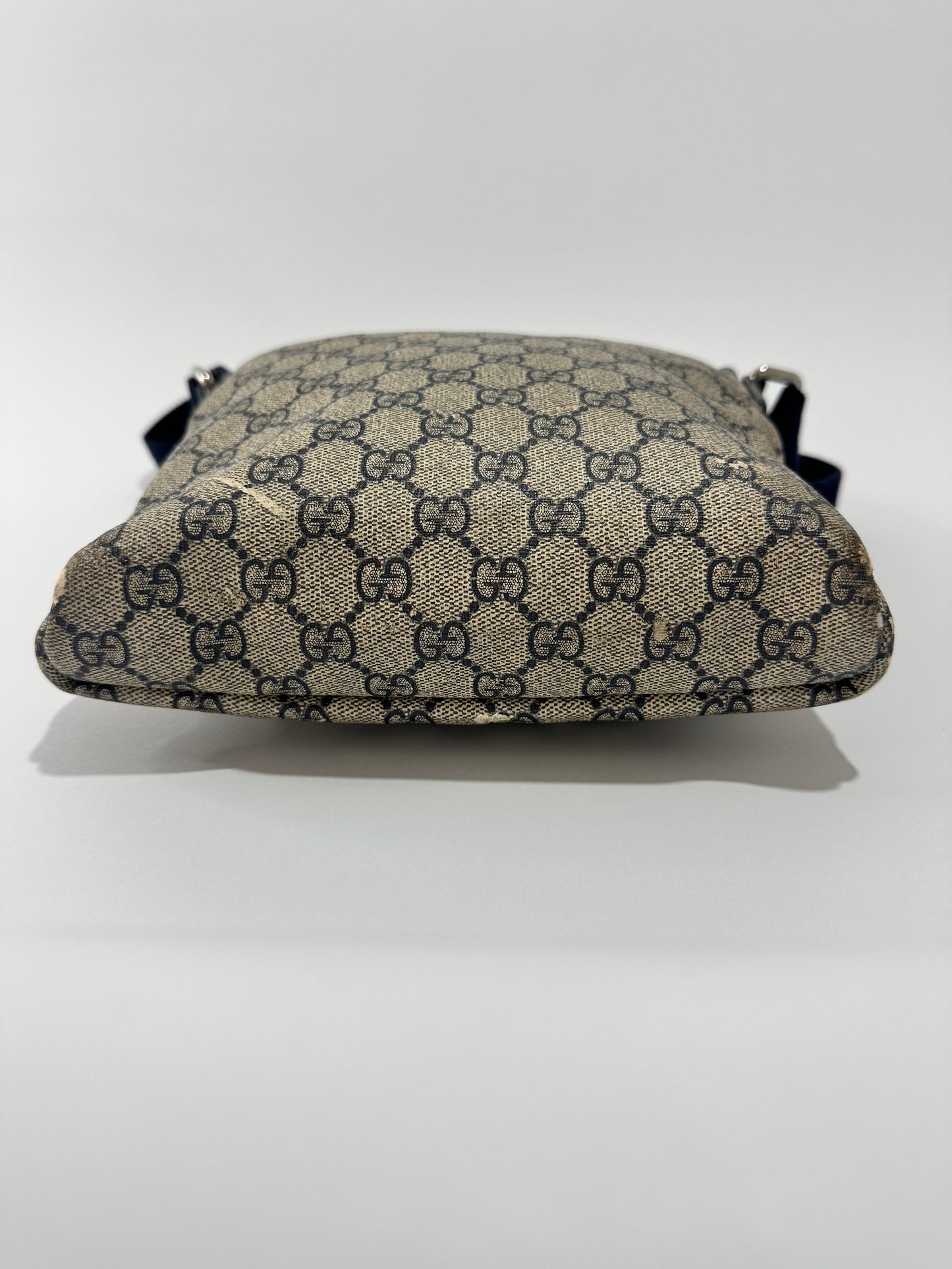 GUCCI
GG Plus Monogram Sellieria Calfskin Small Flap Messenger Bag Beige Blue