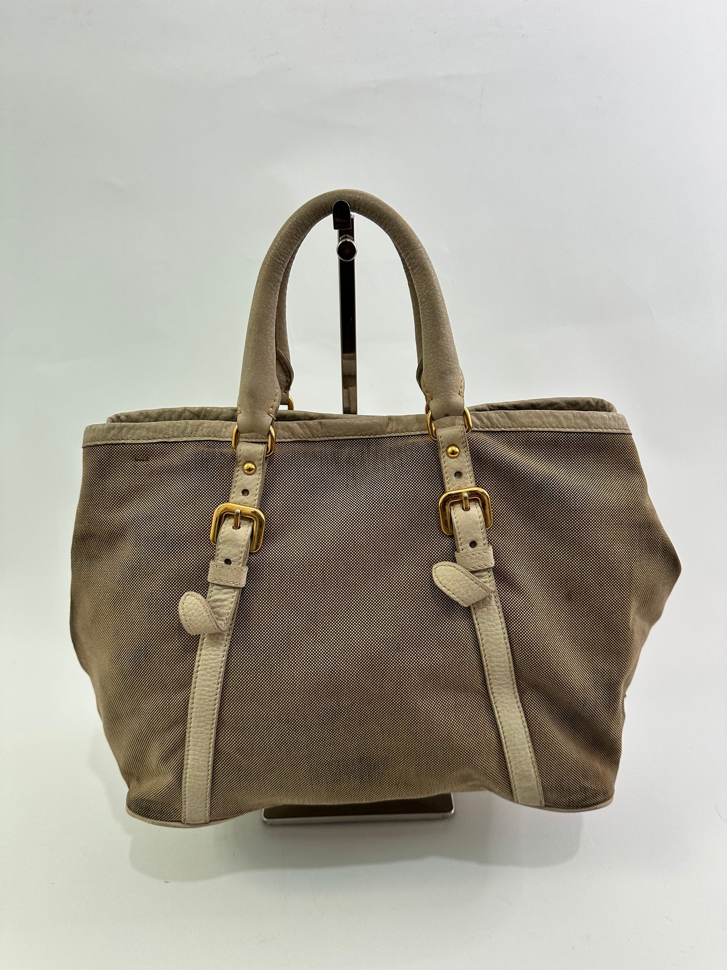 PRADA Beige Jacquard Logo Canvas and Leather Bow Shoulder Bag