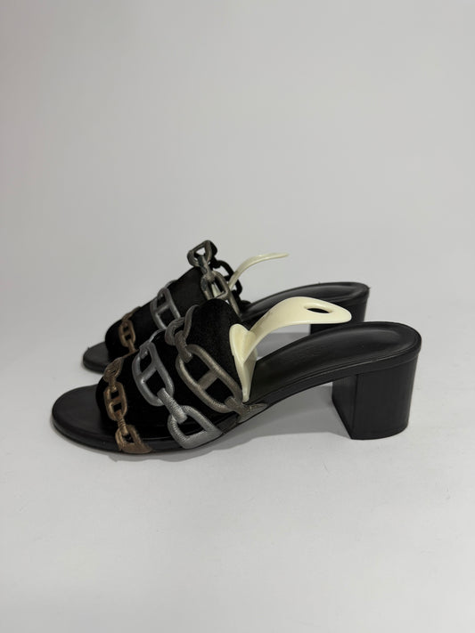 Hermes Silver Leather Tandem Slide Sandals Size 36.5 EU