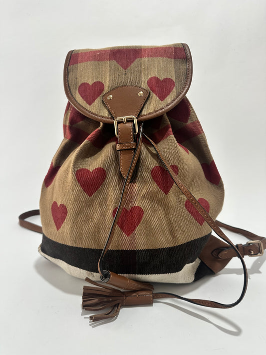 Burberry Red/Beige Heart Check Canvas and Leather Drawstring Backpack