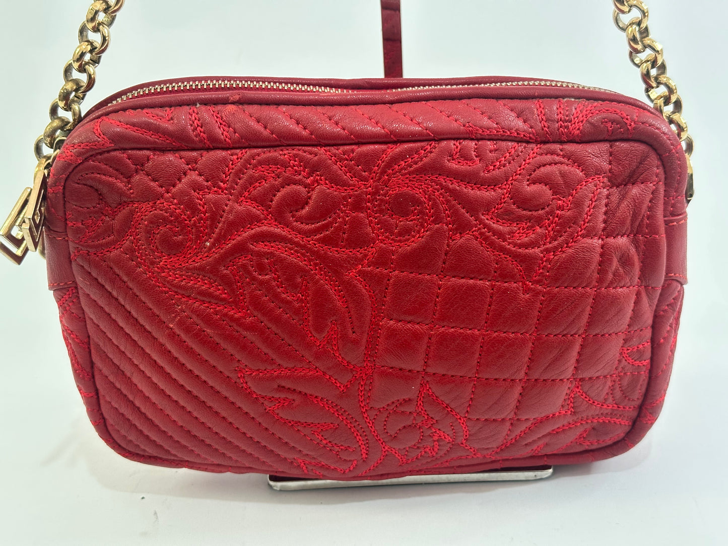 Versace Red Leather Medusa Charm Shoulder Bag