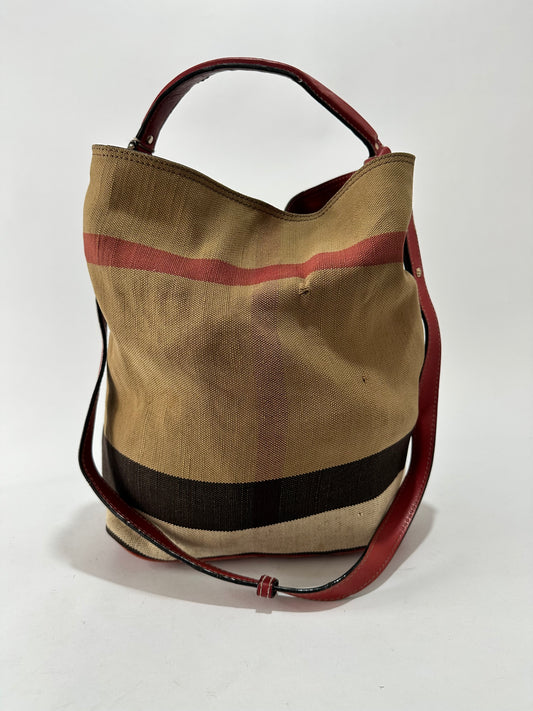 BURBERRY Canvas Mega Check Medium Ashby Hobo Saddle