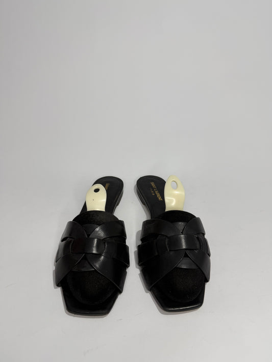 Saint Laurent Paris Black Patent Leather Tribute Flat Sandals Size