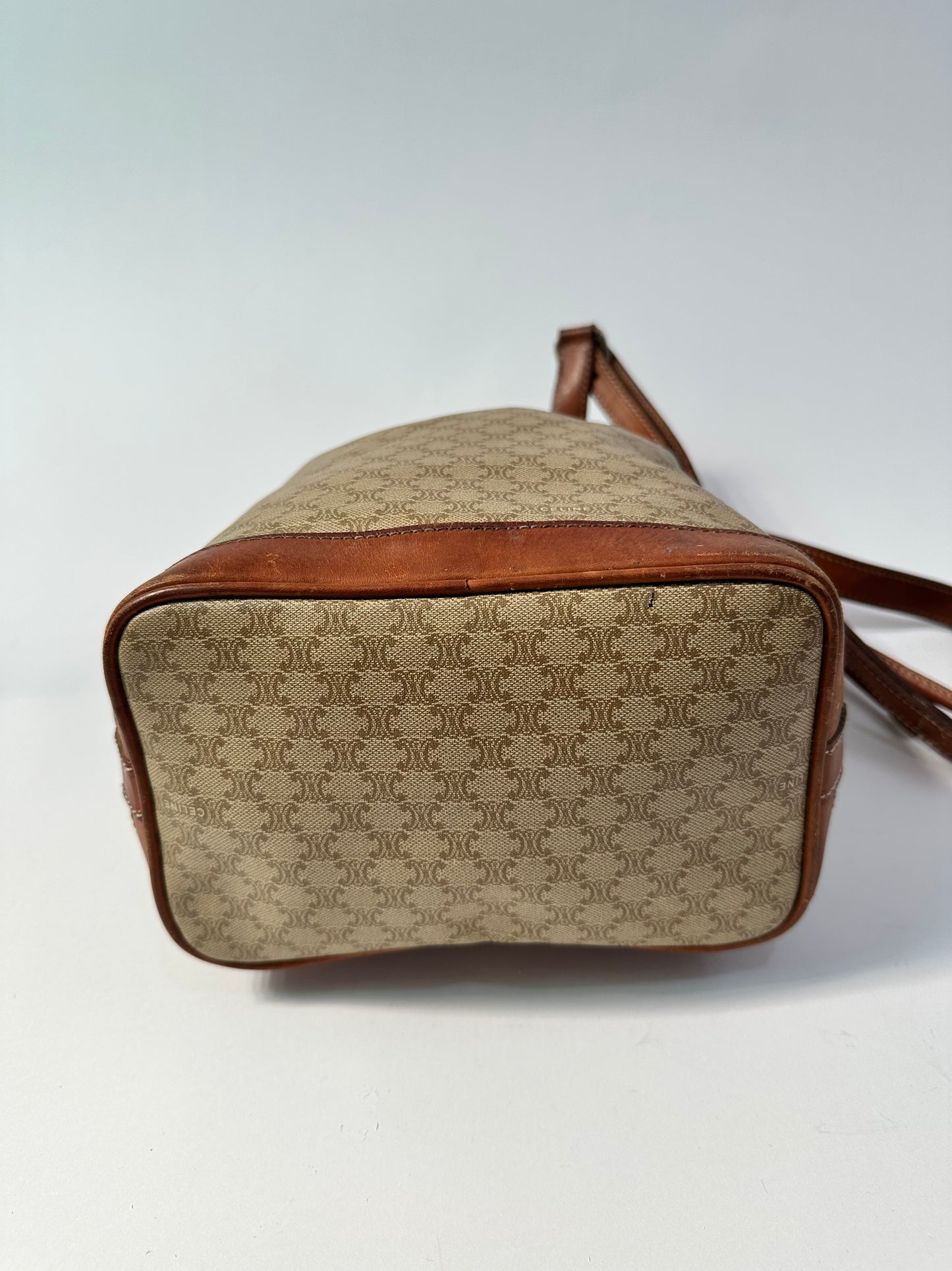 Celine Beige/Cognac Macadam Coated Canvas and Leather Drawstring Bucket Bag