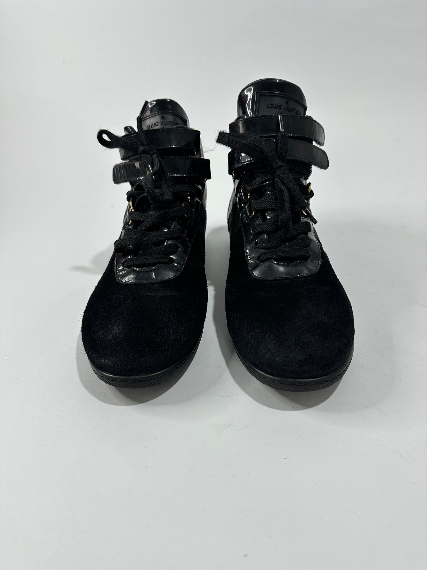 Louis Vuitton Black/Brown Suede Patent Leather Monogram Move Up Sneakers Size 38