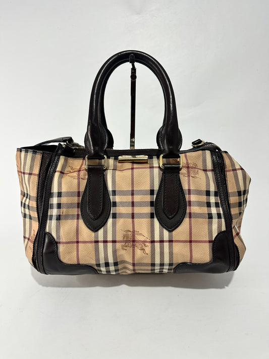 Burberry Beige/Brown Haymarket Check PVC and Leather Gladstone Bowling Bag