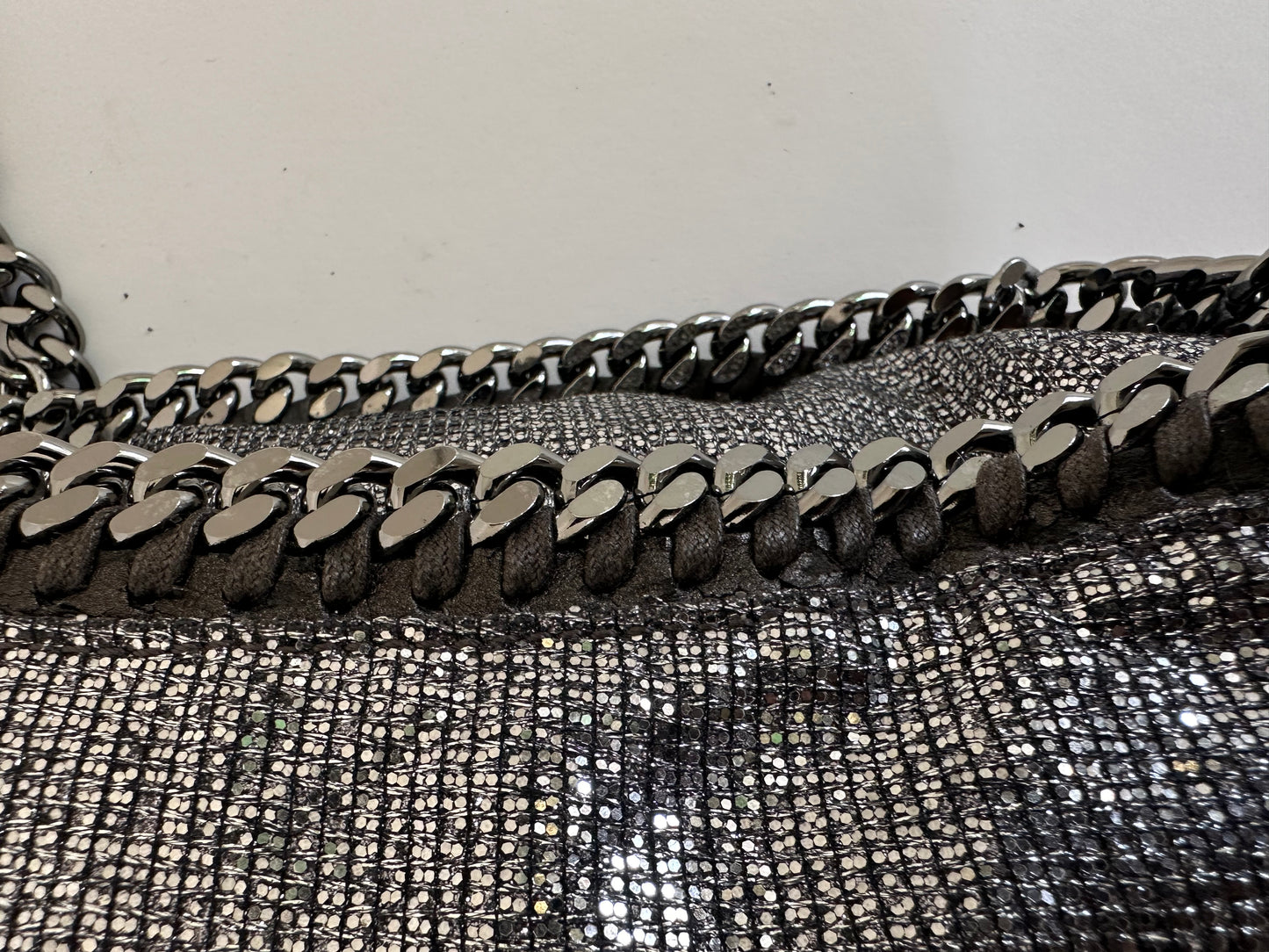STELLA MCCARTNEY Womens’ Metallic Gray Faux Leather Large Falabella Shoulder Bag