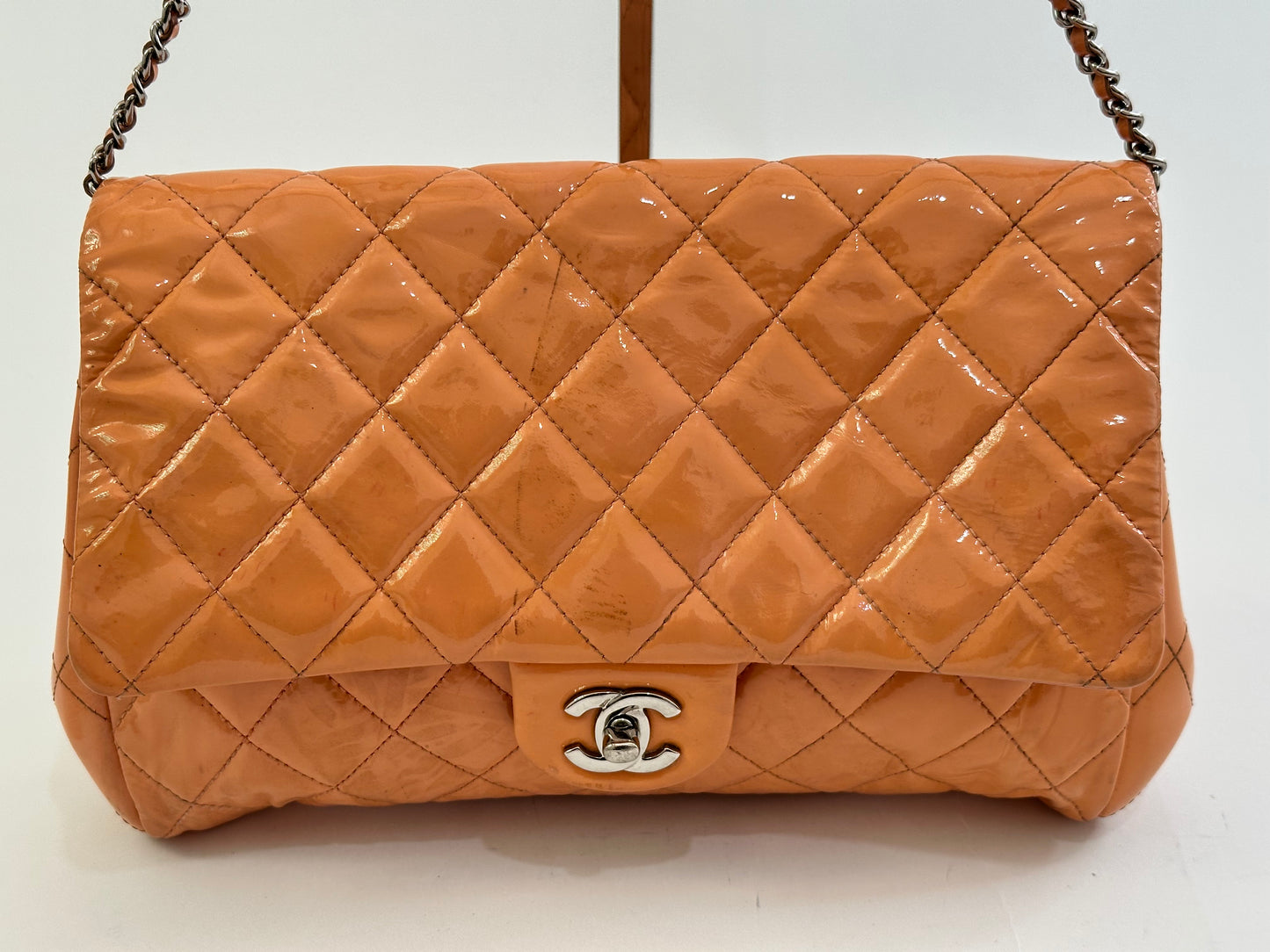 Chanel Beige Quilted Patent Leather Classic Flap Shoulder Bag