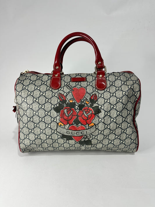 GUCCI
Blue/Red GG Coated Canvas Tattoo Heart Medium Joy Boston Bag