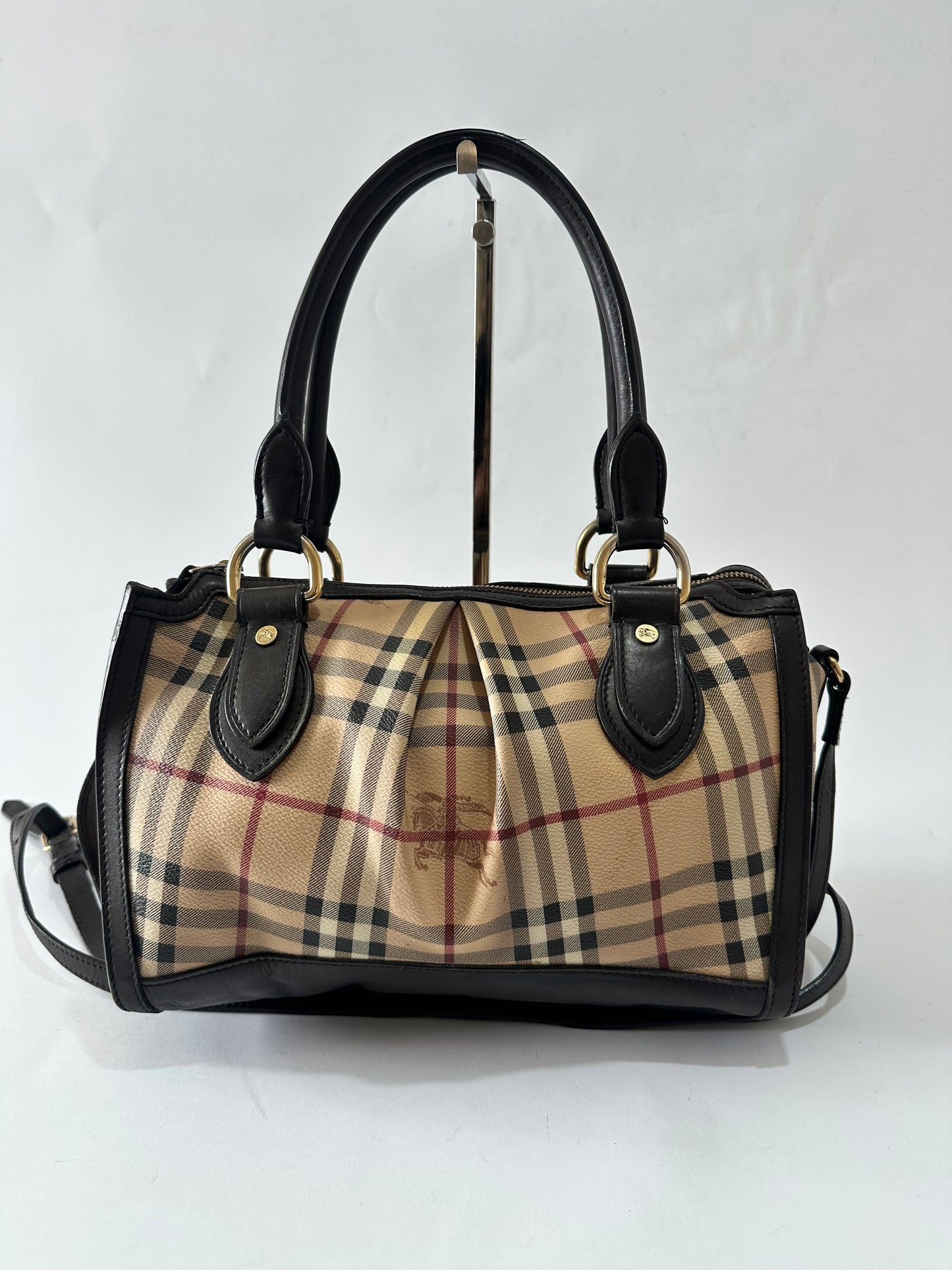 BURBERRY
Chocolate Leather Haymarket Check Coated Canvas Gladstone Bag