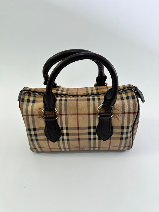 Burberry Brown Canvas Leather Horse Ferry Check Boston Bag