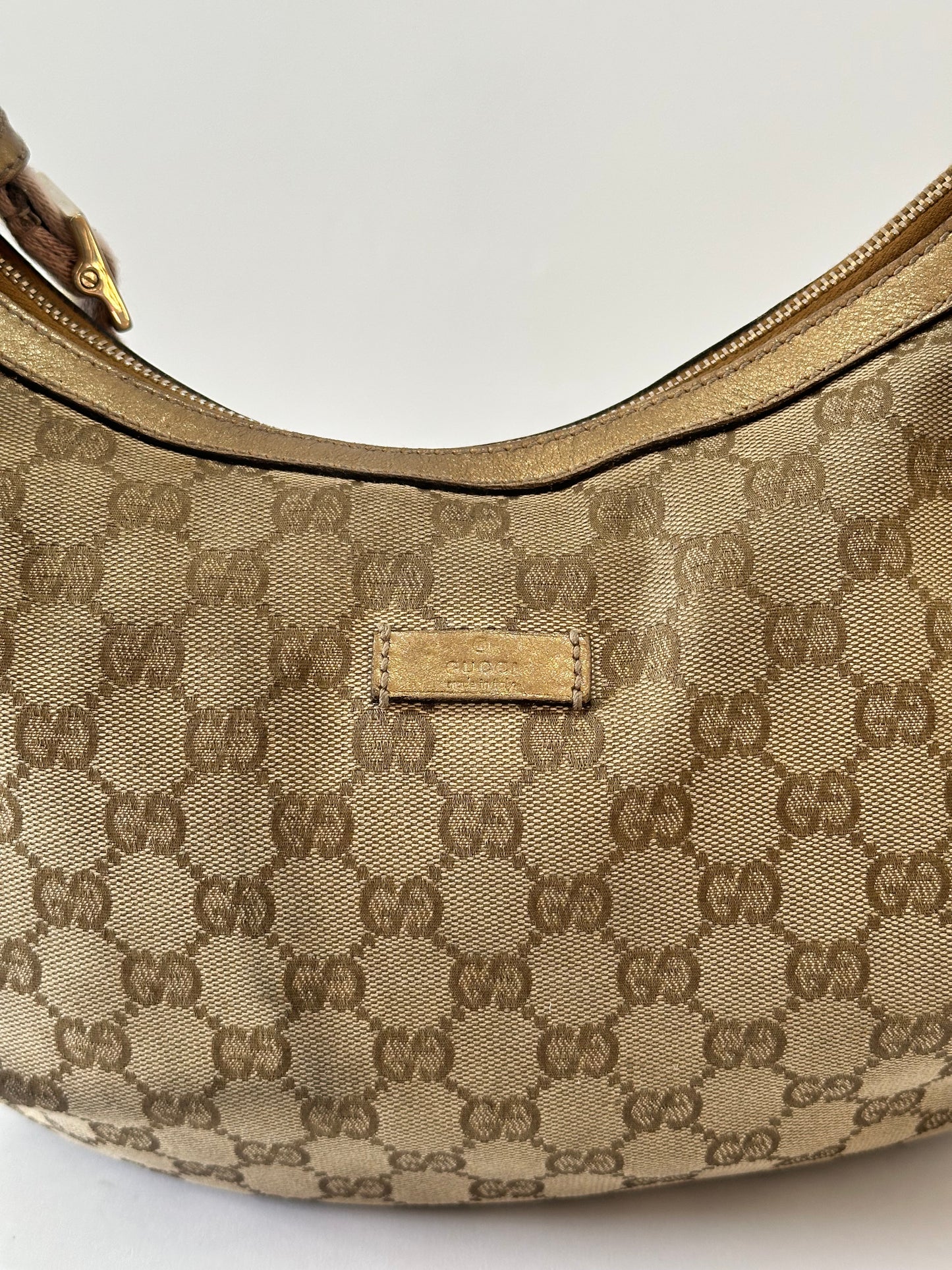 GUCCI GG Canvas Medium Sherry Half Moon Crossbody Bag Gold
