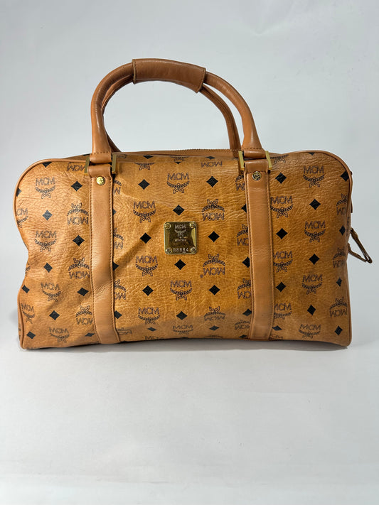 MCM Cognac Visetos Canvas Boston Bag