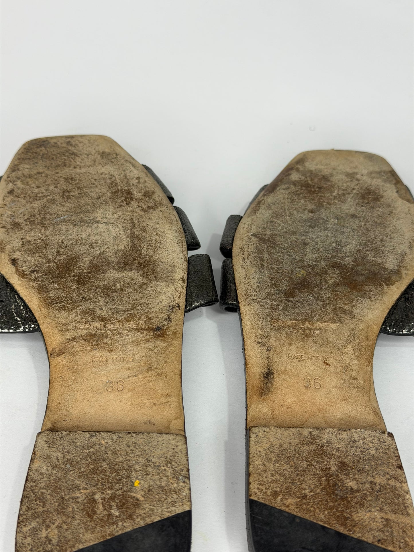 Saint Laurent Paris Silver Leather Tribute Flat Sandals Size 36 EU/ 6 US / 3 UK