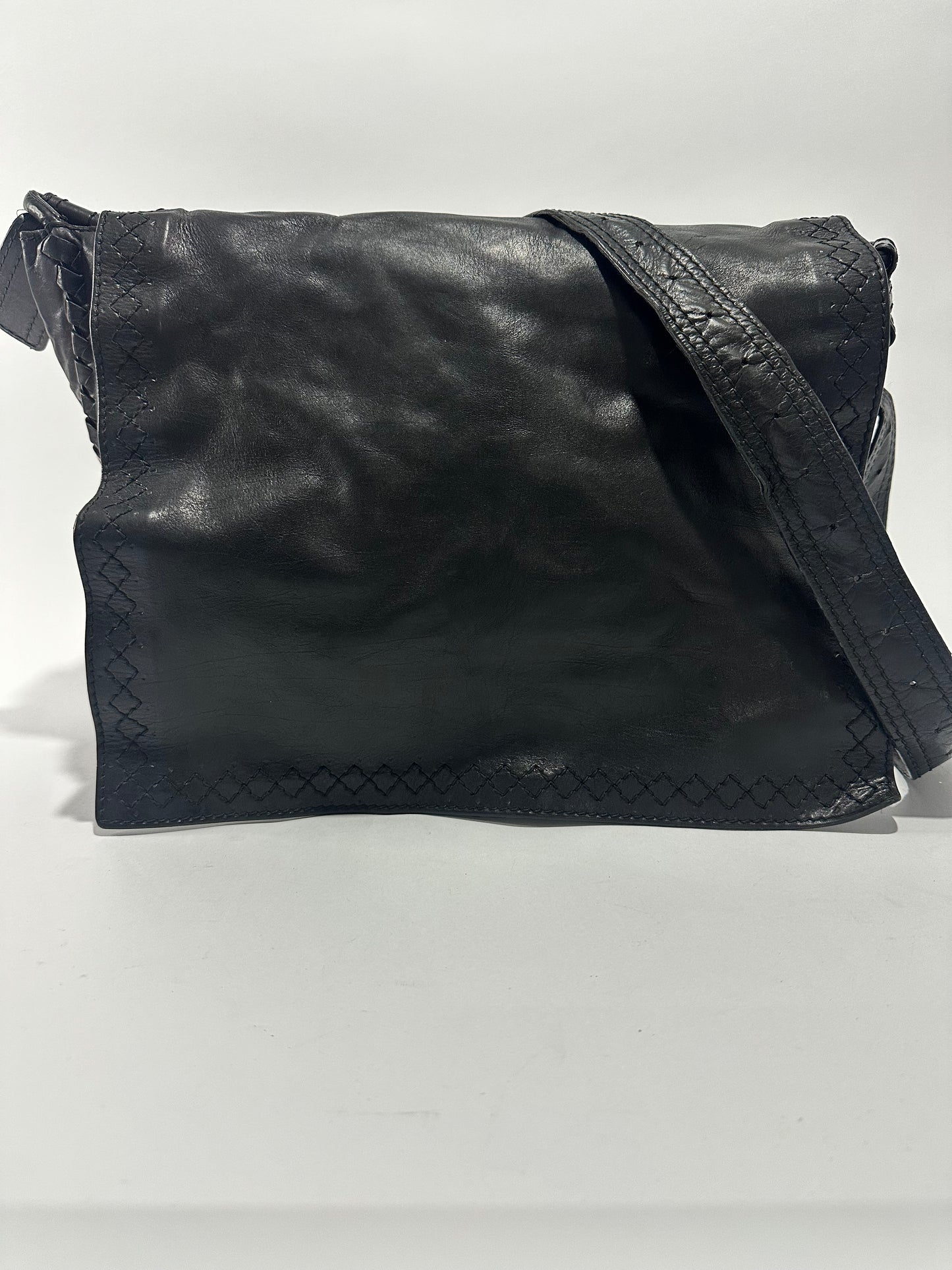 Bottega Veneta Black Leather Square Flap Messenger Bag