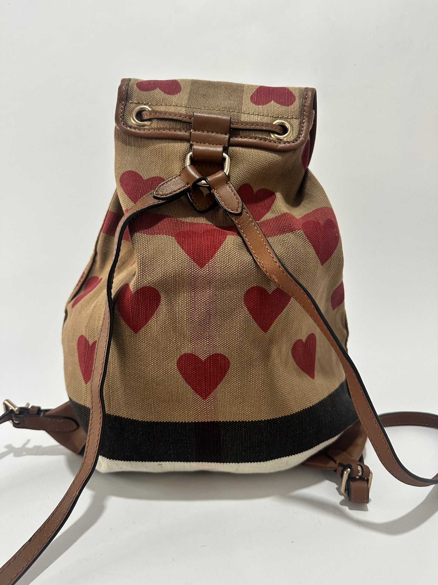 Burberry Red/Beige Heart Check Canvas and Leather Drawstring Backpack
