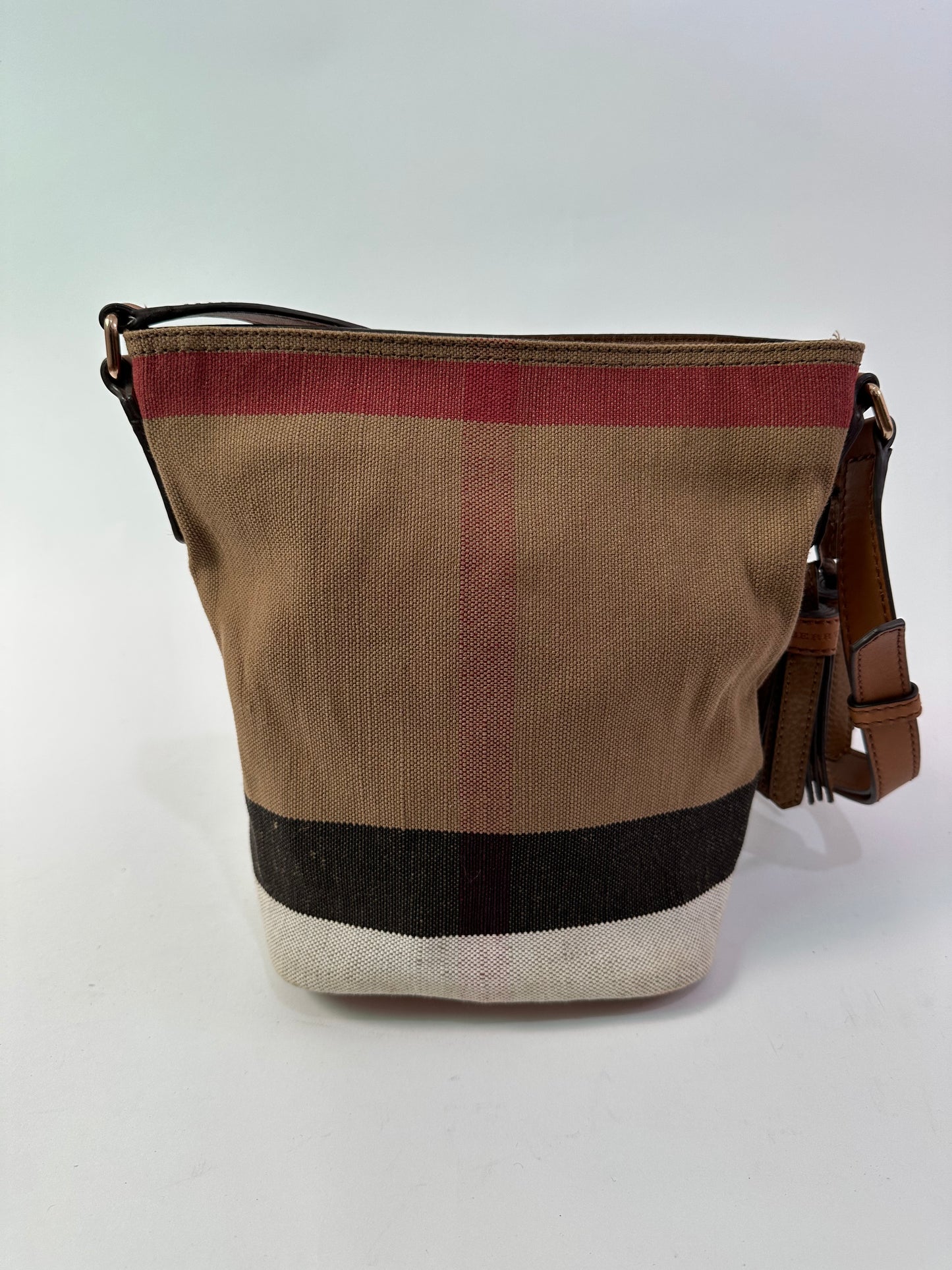 BURBERRY Canvas Mega Check Mini Ashby Tassel Crossbody Burgundy