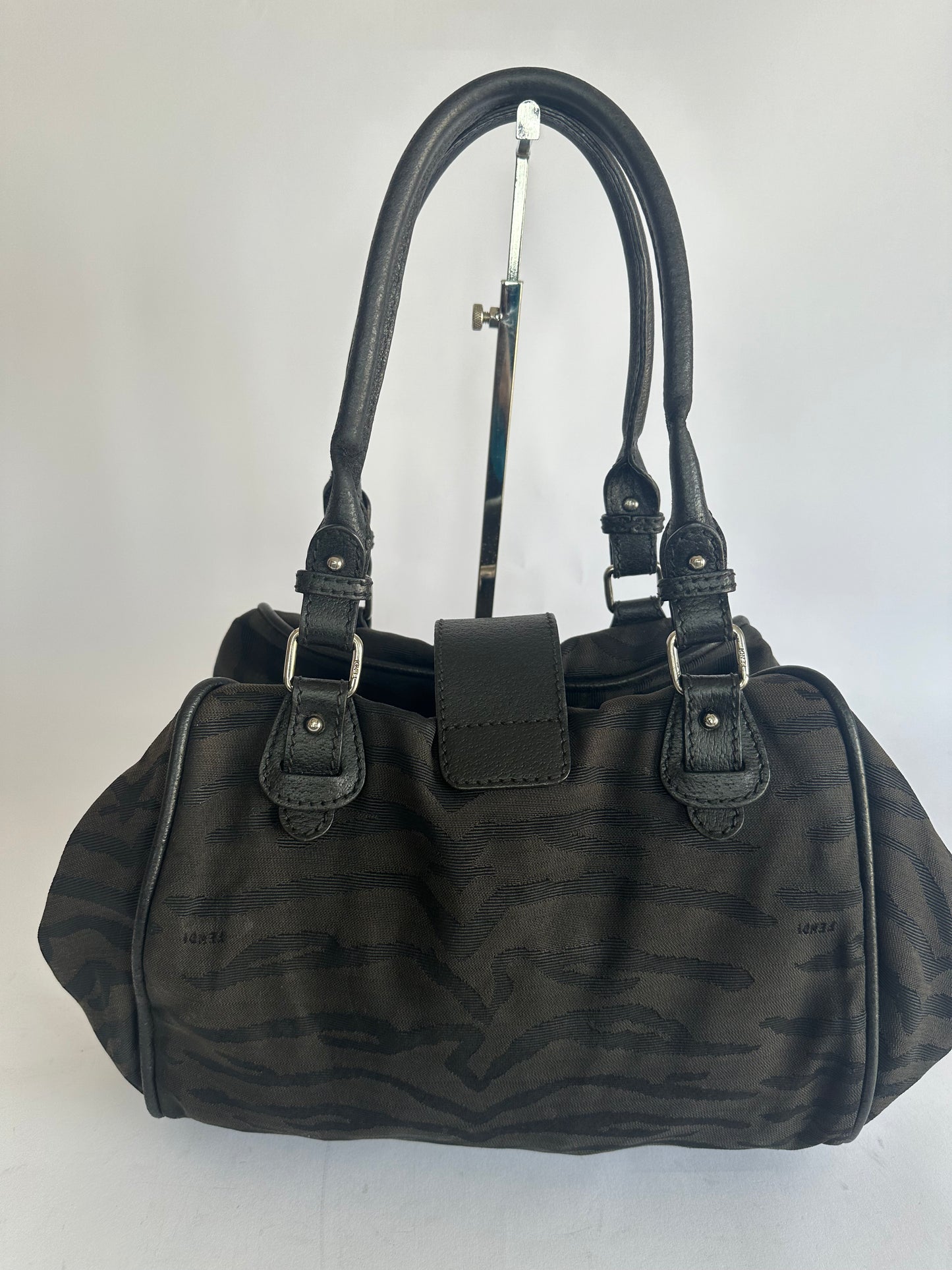 Fendi Animal Style Purses Black Tiger Print Canvas Leather Bag