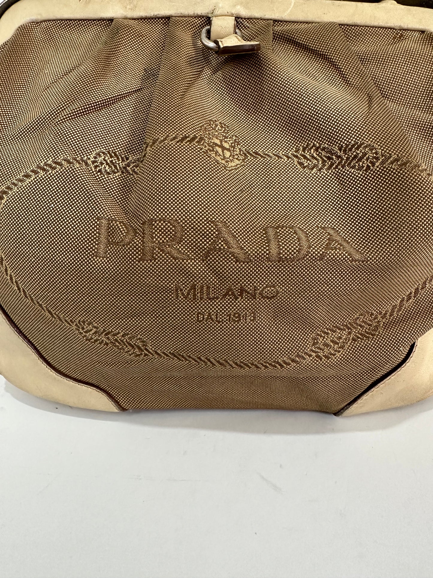 Prada Creame Canapa Logo Frame Handbag Beige