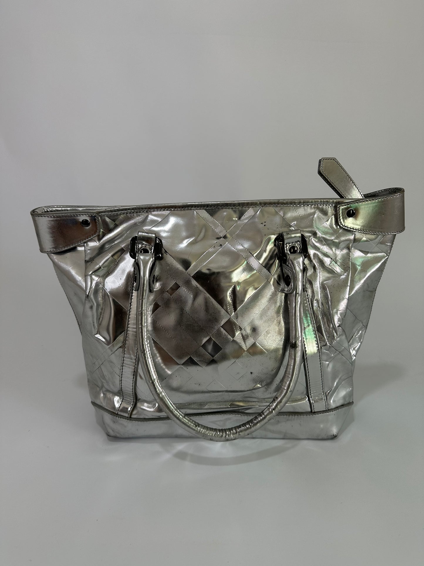 BURBERRY
Patent Check Embossed Ember Tote Silver