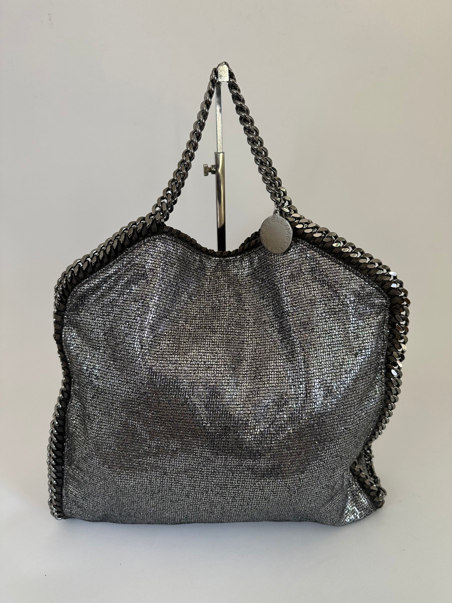 STELLA MCCARTNEY Womens’ Metallic Gray Faux Leather Large Falabella Shoulder Bag