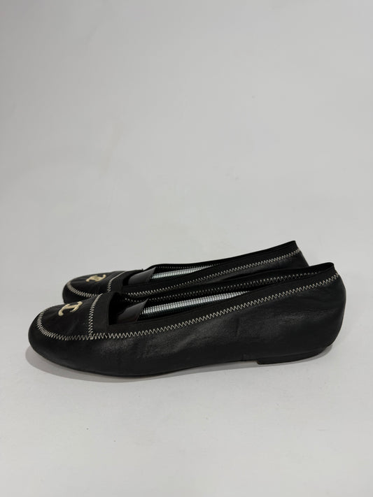 Vintage Chanel CC Logo Leather Ballet Flats Size 42 EU/ 8 UK/ 12 US