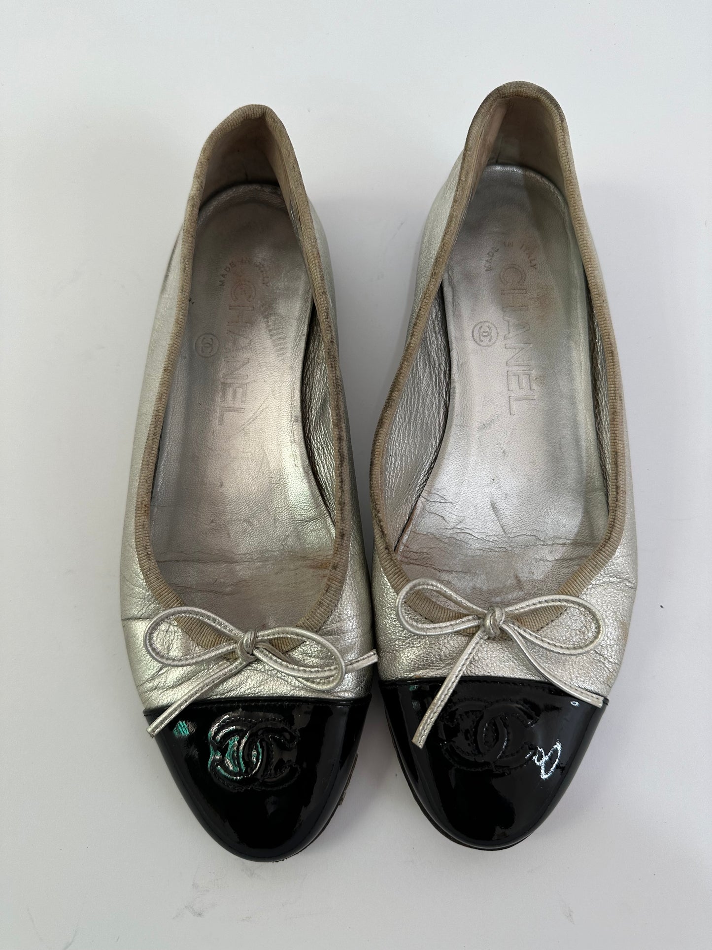 CHANEL Silver Lambskin CC Ballerina Flats Size 36.5 EU