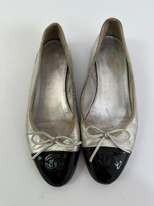 CHANEL Silver Lambskin CC Ballerina Flats Size 36.5 EU
